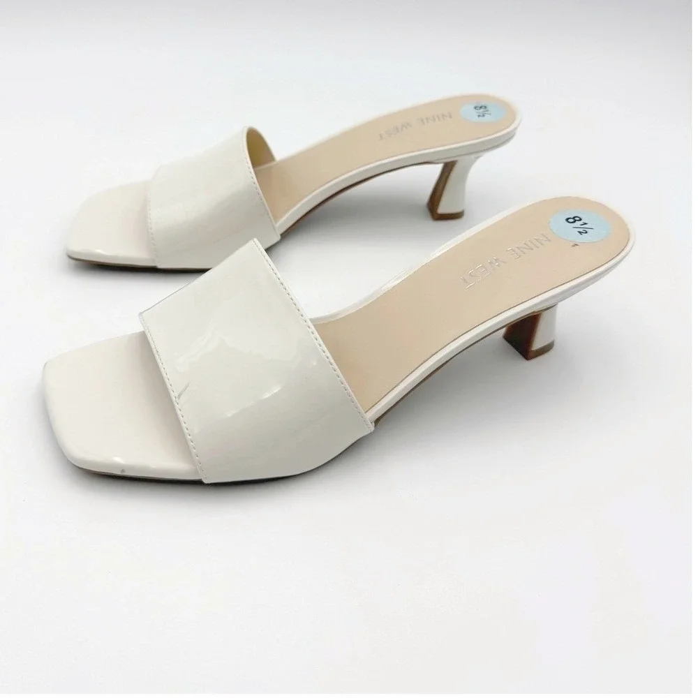 Nine West 8.5 White Patent Square Toe Kitten Heel Slide Sandals 90s Minimalist